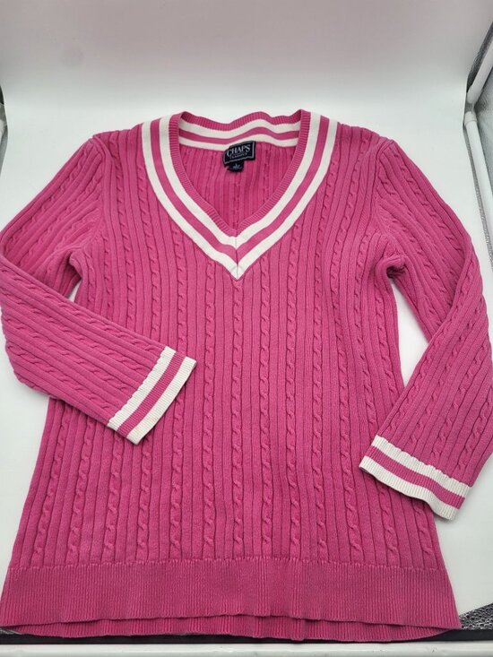 Chaps Sweaters - Vintage Chaps Womens LG V-Neck Sweater Pink White Cable Knit Tennis y2k Preppy
